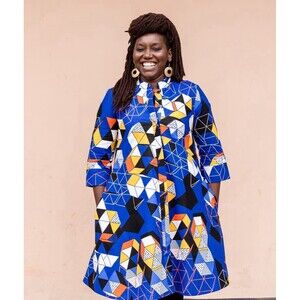 ZURI Kenya Trivial Pursuit  Cotton Abstract Pattern Shirt Dress W/ Pockets XS